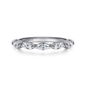Gabriel & Co. AN17448W43JJ 14 karat white gold Contemporary anniversary band, front view of lengthwise marquise diamonds separated by small beaded prongs on a smooth hoop