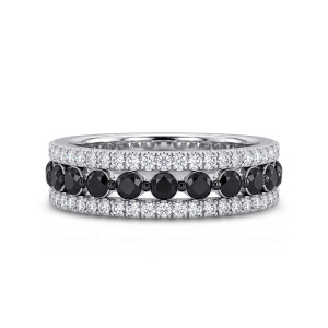 Gabriel & Co. AN17449W44BD 14 karat white gold Contemporary anniversary band, front view of black round stones between two rows of small colorless diamonds