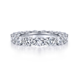 Gabriel & Co. AN4535-4W44JJ 14 karat white gold Classic eternity band, front view of round diamonds in a row between paired, bead tipped prongs