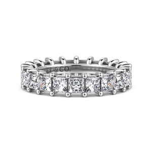 Gabriel & Co. AN4539-4VW44JJ 14 karat white gold Classic eternity band, front view of square stones set edge to edge, with rounded prong tips along the top edge