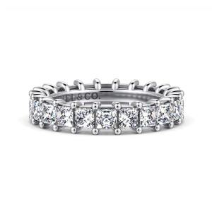 Gabriel & Co. AN4539-5VW44JJ 14 karat white gold Classic eternity band, front view of square stones side by side between shared prongs tipped with small beads