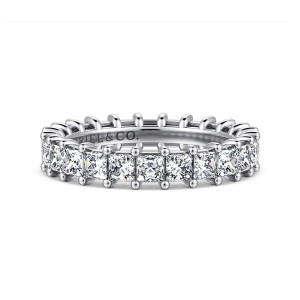 Gabriel & Co. AN4539-7VW44JJ 14 karat white gold Classic eternity band, front view of square stones separated by ball tipped prong posts along the outer edges
