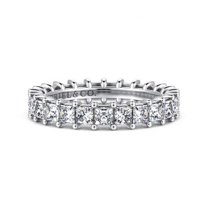 Gabriel & Co. AN4539-8VW44JJ 14 karat white gold Classic eternity band, front view of square stones side by side with a small round knob of metal at every corner