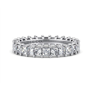 Gabriel & Co. AN4539-9VW44JJ 14 karat white gold Classic eternity band, front view of square stones held between pairs of ball tipped prongs along both edges