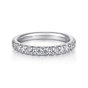 Gabriel & Co. AN5336W44JJ 14 karat white gold Contemporary wedding band, front view of a single line of round stones with a maker's mark inside the band