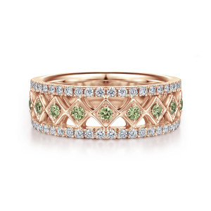 Gabriel & Co. AN6003K44GS 14 karat rose gold Contemporary anniversary band, front view of green stones in diamond shaped frames between two lines of colorless diamonds
