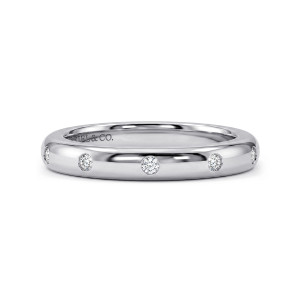 Gabriel & Co. AN6006W44JJ 14 karat white gold Contemporary anniversary band, front view of the domed polished face with round diamonds spaced apart in thin metal rims