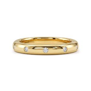 Gabriel & Co. AN6006Y44JJ 14 karat yellow gold Contemporary anniversary band, front view of widely spaced small round diamonds inset into a glossy domed surface