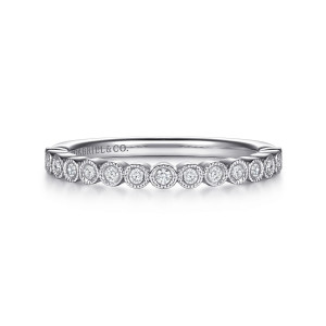 Gabriel & Co. AN6011W44JJ 14 karat white gold Victorian anniversary band, front view of tiny round stones each ringed by a finely beaded rim