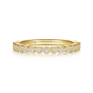 Gabriel & Co. AN6011Y44JJ 14 karat yellow gold Victorian anniversary band, front view of round stones in beaded rim bezels touching side by side