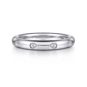 Gabriel & Co. AN6030-4W44JJ 14 karat white gold Contemporary eternity band, front view of small round stones spaced apart along a smooth, domed, polished band