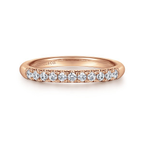Gabriel & Co. AN6071K44JJ 14 karat rose gold Classic wedding band, front view of a single row of small round stones framed by plain shoulders at each end
