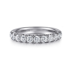 Gabriel & Co. AN6074PT4JJ platinum Classic wedding band, front view of closely packed round stones with a maker's mark showing on the inside
