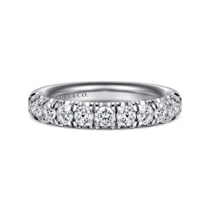 Gabriel & Co. AN6074W44JJ 14 karat white gold Classic wedding band, front view of a tight row of round stones separated by small metal prong walls