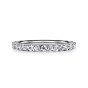 Gabriel & Co. AN7574W44JJ 14 karat white gold Classic wedding band, front view of evenly sized round diamonds separated by raised ball tipped prongs