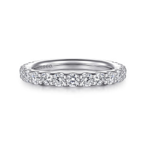 Gabriel & Co. AN7576W44JJ 14 karat white gold Classic wedding band, front view of round diamonds held between small shared prongs along a smooth band