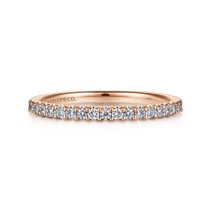 Gabriel & Co. AN7577K44JJ 14 karat rose gold Classic wedding band, front view of the straight hoop with an even row of round stones on top