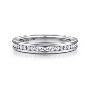 Gabriel & Co. AN7578W44JJ 14 karat white gold Contemporary wedding band, front view of a single row of round stones sunk between two smooth raised rails