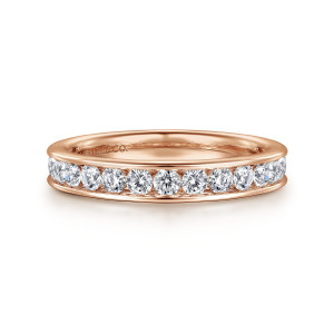 Gabriel & Co. AN7580K44JJ 14 karat rose gold Contemporary wedding band, front view of round diamonds set between two raised polished metal walls