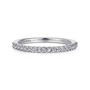 Gabriel & Co. AN7610W44JJ 14 karat white gold Classic wedding band, front view of the straight band with small round stones in a close even line