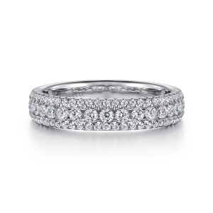 Gabriel & Co. AN7618W44JJ 14 karat white gold Contemporary anniversary band, front view of larger round stones down the center framed by finer rows of small stones