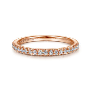Gabriel & Co. AN7620K44JJ 14 karat rose gold Classic wedding band, front view of tiny round stones set close together along the top of the band