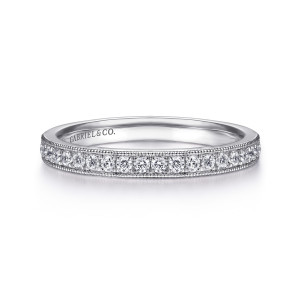 Gabriel & Co. AN7643W44JJ 14 karat white gold Victorian band, front view of a straight band with a single row of small round diamonds between beaded borders