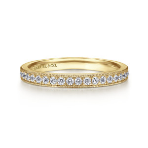 Gabriel & Co. AN7643Y44JJ 14 karat yellow gold Victorian band, front view of a straight band with round stones between beaded edges and a maker's mark