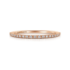 Gabriel & Co. AN7650K44JJ 14 karat rose gold Contemporary wedding band, front view of the straight band with its row of small diamonds and mark inside
