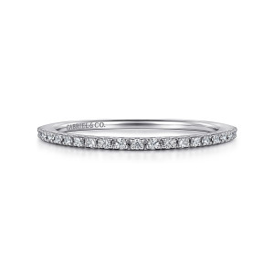 Gabriel & Co. AN7650W44JJ 14 karat white gold Contemporary wedding band, front view of a straight band with small prongs set between each round stone