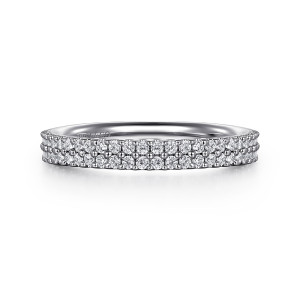 Gabriel & Co. AN7748W44JJ 14 karat white gold Contemporary anniversary band, front view of two close rows of tiny round stones along a straight band