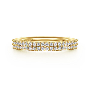 Gabriel & Co. AN7748Y44JJ 14 karat yellow gold Contemporary anniversary band, front view of two matched rows of small round stones split by a line of beaded prongs