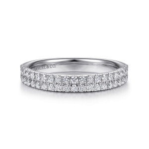 Gabriel & Co. AN7749W44JJ 14 karat white gold Contemporary anniversary band, front view of two rows of small round diamonds divided by a narrow groove