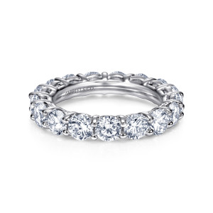 Gabriel & Co. AN7965-4W44JJ 14 karat white gold Classic eternity band, front view of round diamonds in a single row, each pair parted by one prong