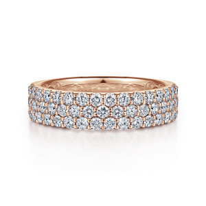 Gabriel & Co. AN8181K44JJ 14 karat rose gold Contemporary anniversary band, front view of three staggered rows of round stones across a domed face