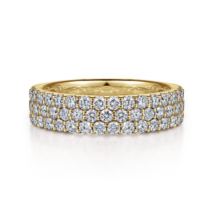 Gabriel & Co. AN8181Y44JJ 14 karat yellow gold Contemporary anniversary band, front view of side by side lines of small round stones, largest at the middle of the band