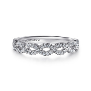 Gabriel & Co. AN8261W44JJ 14 karat white gold Contemporary anniversary band, front view of tiny round stones crossing over one another to form open almond loops