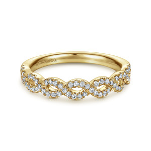 Gabriel & Co. AN8261Y44JJ 14 karat yellow gold Contemporary anniversary band, front view of two stone strands crossing in a braid with small open loops between them