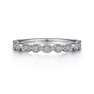 Gabriel & Co. AN8386W44JJ 14 karat white gold Victorian anniversary band, front view of small round diamonds in alternating circular and pointed oval frames with beaded edges