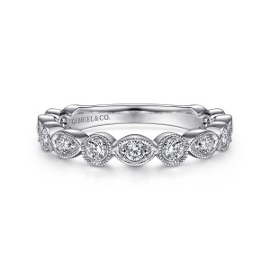 Gabriel & Co. AN8387W44JJ 14 karat white gold Victorian anniversary band, front view of round diamonds in beaded frames alternating between round and pointed oval shapes