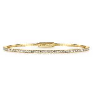 Gabriel & Co. BG3221-57Y45JJ 14 karat yellow gold bangle, front view of the continuous row of tiny diamonds above a segmented band and flat maker plate