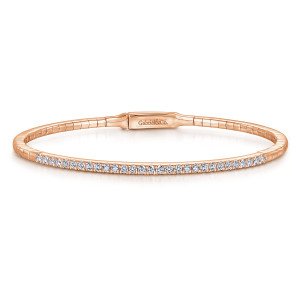 Gabriel & Co. BG3716-62K45JJ 14 karat rose gold Lusso bangle, front view of the straight row of small round diamonds with the ribbed band and flat plate behind