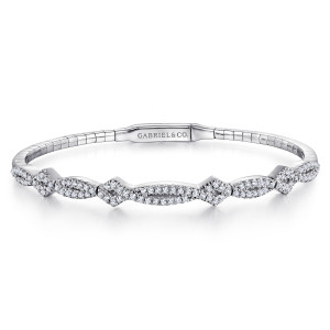 Gabriel & Co. BG3840W45JJ 14 karat white gold Kaslique bangle, front view of almond shaped diamond links alternating with pointed lozenge stations
