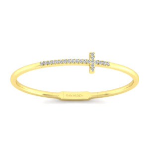 Gabriel & Co. BG3841Y45JJ 14 karat yellow gold Lusso bangle, front view of the diamond row and crossbar above a flat plate with a maker's mark