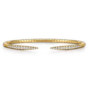 Gabriel & Co. BG3912-57Y45JJ 14 karat yellow gold Kaslique bangle, front view of two tapering diamond tips facing each other over the plain segmented band