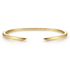 Gabriel & Co. BG4075-57Y4JJJ 14 karat yellow gold Contemporary bangle, front view of the open cuff with the two tapered tips facing across the gap