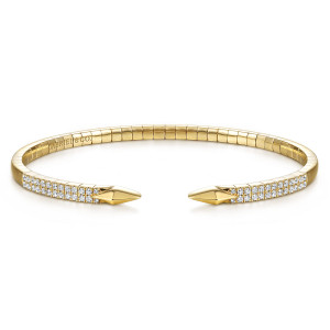 Gabriel & Co. BG4183Y45JJ 14 karat yellow gold Kaslique bangle, front view of the segmented band with pave diamonds leading to two pointed tips