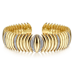 Gabriel & Co. BG4189-65Y45JJ 14 karat yellow gold Contemporary bangle, front view of the pointed oval motif flanked by curved pave strips and fanned blade ends
