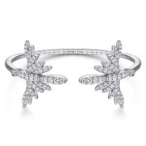 Gabriel & Co. BG4193W84JJ 18 karat white gold Kaslique bangle, front view of two mirrored diamond sprays facing each other over a segmented plain band