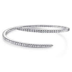 Gabriel & Co. BG4227-57W45JJ 14 karat white gold Kaslique bangle, front view of the overlapping spear tips, each lined with a tapering row of small diamonds